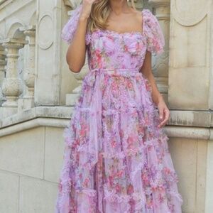 FAIRYTALE FLORAL TULLE PUFF SLEEVE BOW TIE LAYERED MAXI GOWN DRESS - PUR…